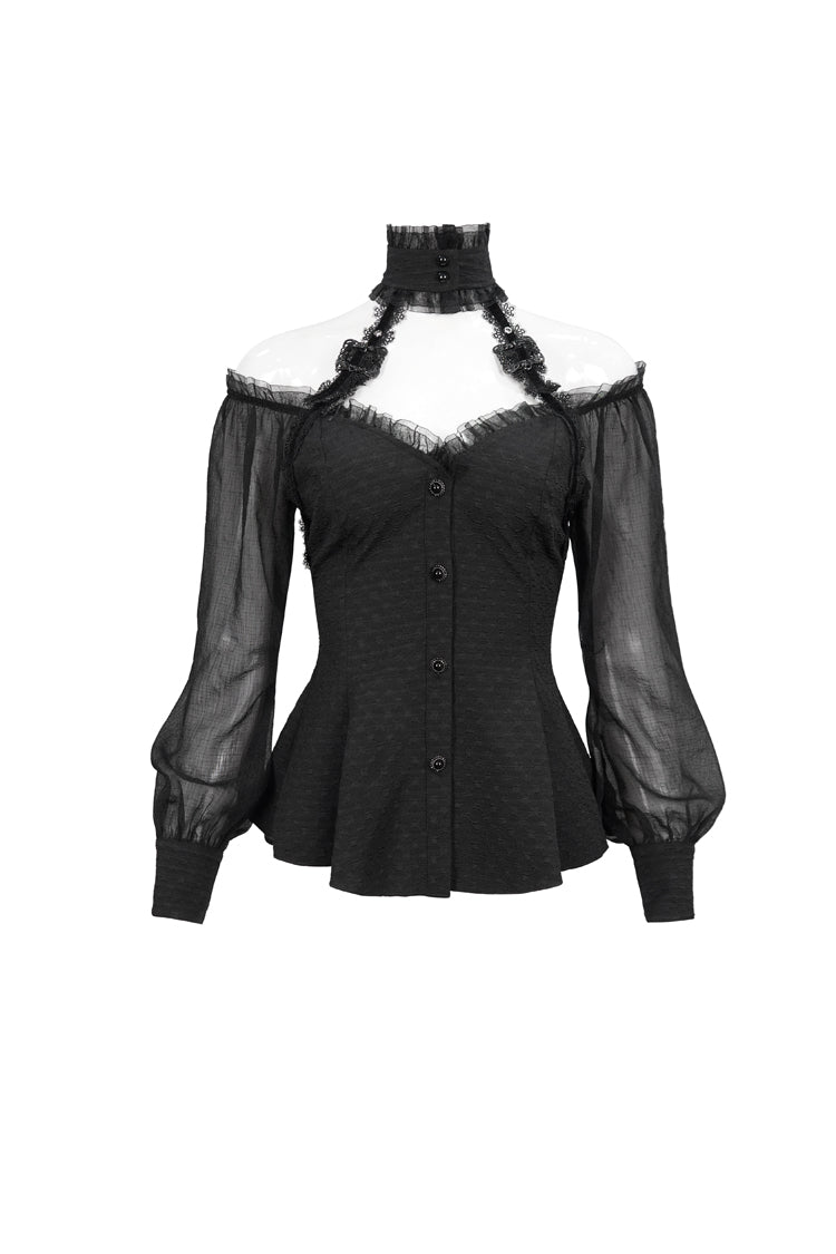 Black Long Sleeve Lace Trim Panel Woven Adjustable Back Women's Gothic T-Shirt