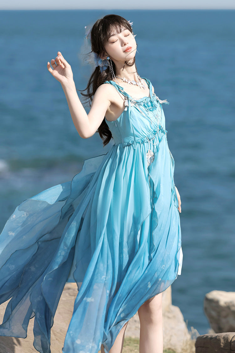 Blue [Ocean Sprite] Gradient Print Irregular Hooded Sweet Lolita Jsk Dress Cloak Set