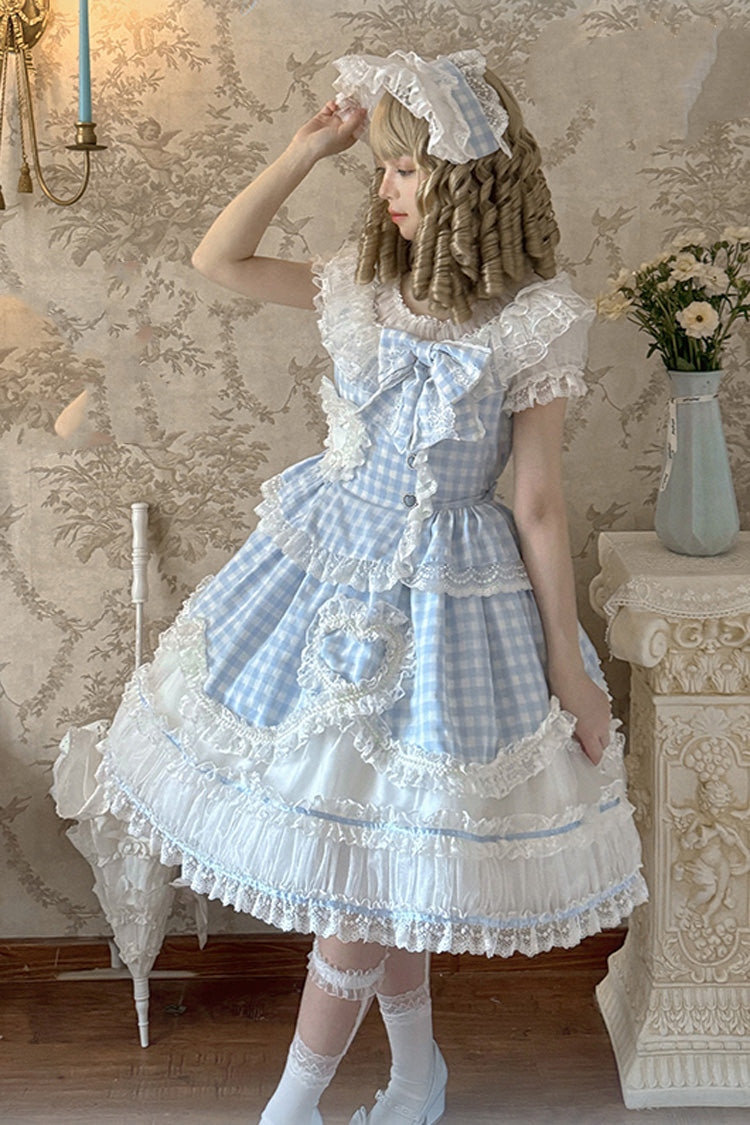 Blue [Tea Break Sweetheart] Short Sleeves Multi-Layered Plaid Print Ruffle Sweet Lolita Dress