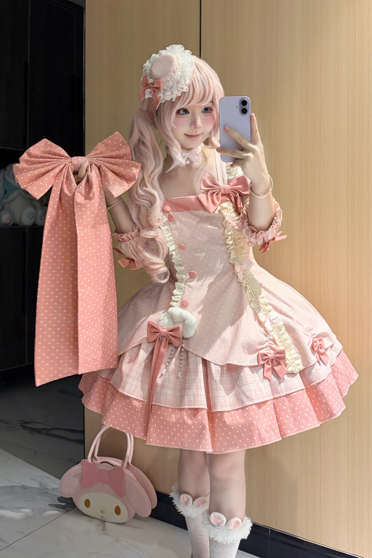 Pink [Glass Bottle] Square Collar Sleeveless Triple-Layered Printed Ruffled Bow Asymmetric Sweet Lolita Jsk Dress