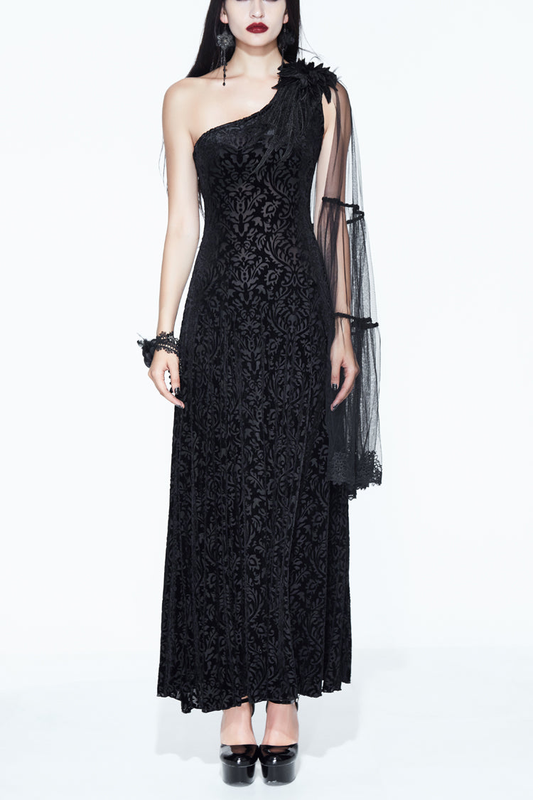 Black One Shoulder Mesh Shawl Feather Lace Decoration Velvet Long Women's Gothic Dress