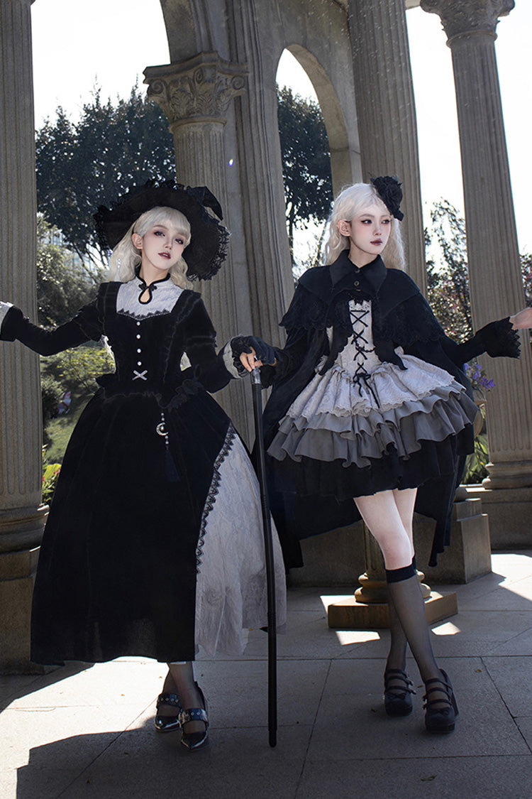 Black/Grey Witch Long Sleeves Gradient Multi-Layered Ruffle Bowknot Lace Gothic Chinese Style Lolita Dress