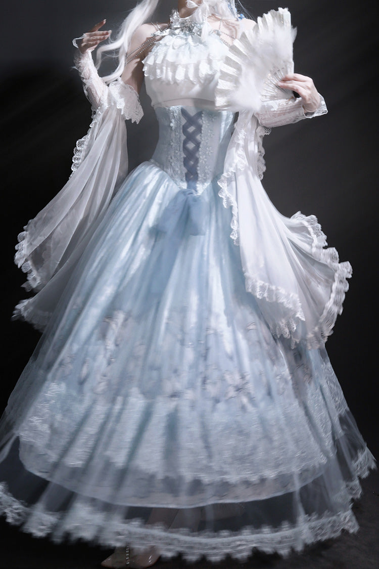 Blue [Snow Lily] Print Ruffle Hanayome Embroidery Bowknot Lace-Up Sweet Elegant Princess Lolita Skirt Set