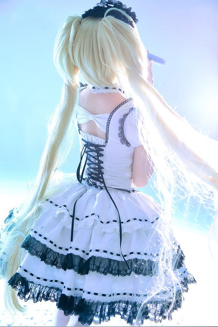 White [Witch] Long Trumpet Sleeves Double-Layered Ruffle Bowknot Lace-Up Gothic Lolita Skirt Dress Set