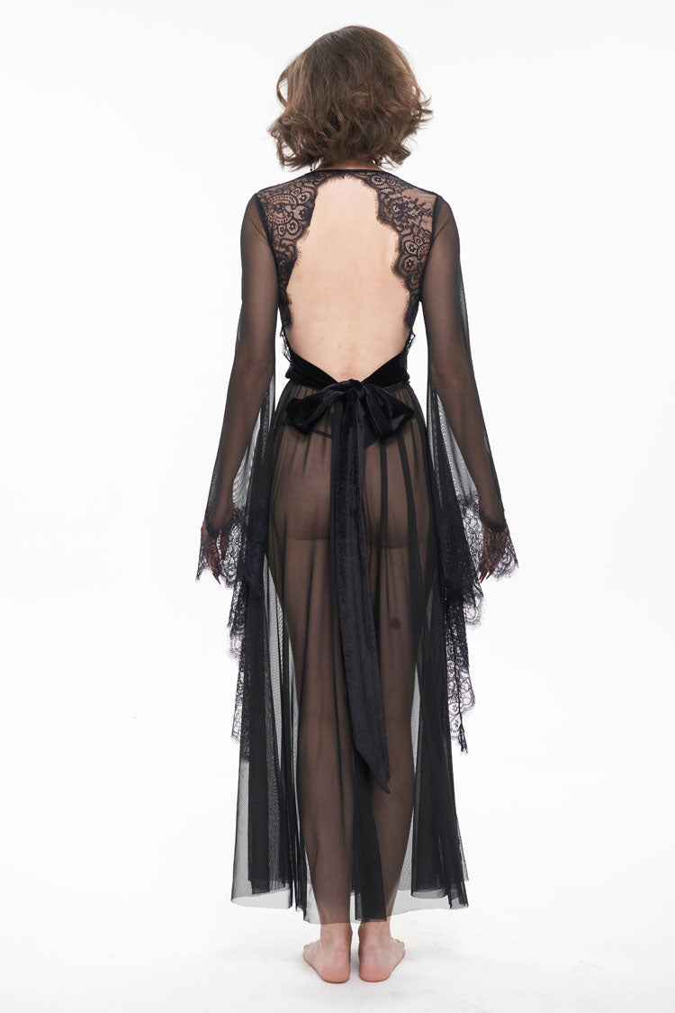 Schwarzes, perspektivisches, sexy, rückenfreies Kleid mit V-Ausschnitt und Schnürung und ausgestellten Ärmeln für Damen im Gothic-Stil