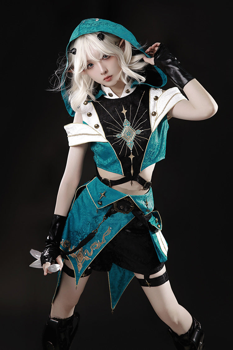 Blue/Green [Traveler’s Outfit] Print Embroidery Hooded Ouji Fashion Sweet Handsome Lolita Set