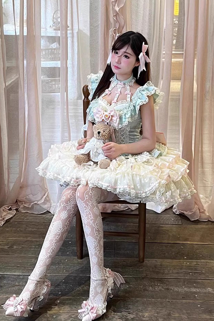 Green [Flower Language of Eros] Halterneck Multi-Layered Ruffle Bowknot Rose Lace Lace-Up Sweet Ballet Lolita Jsk Dress
