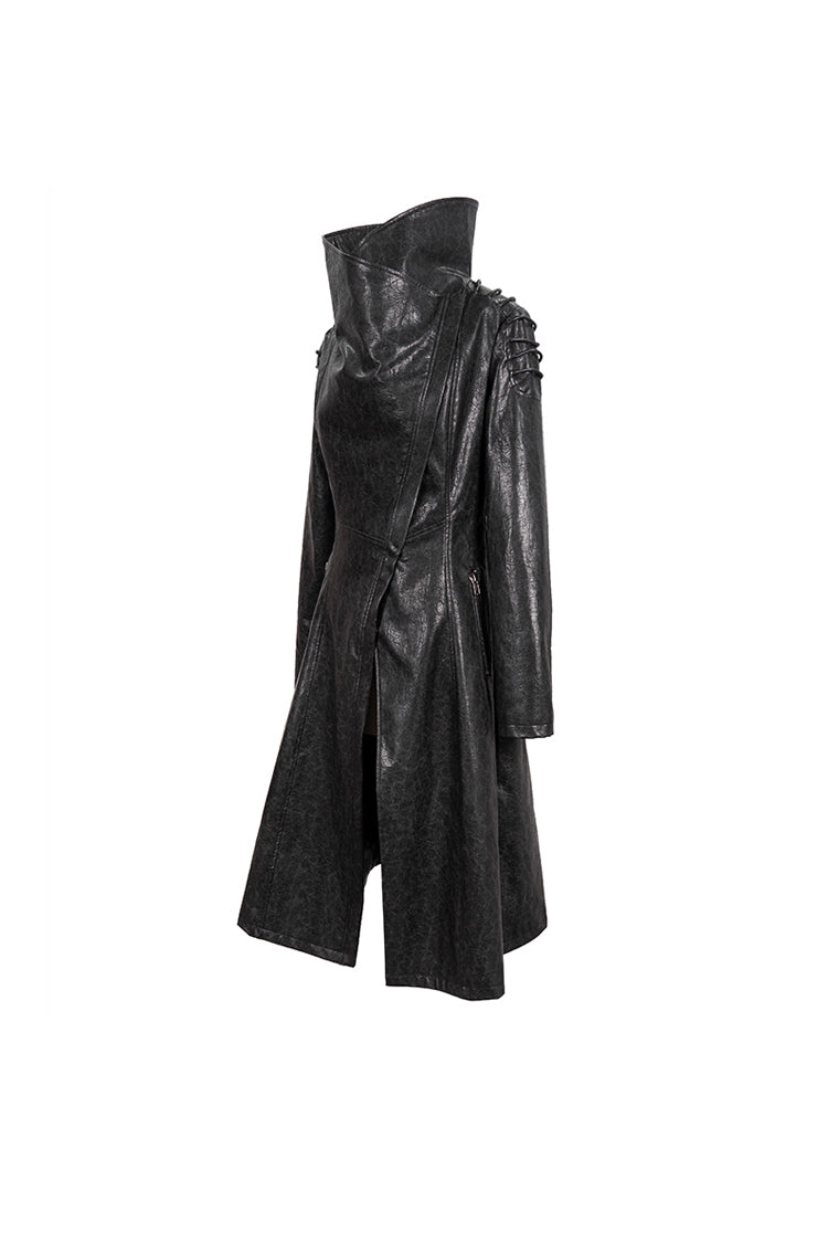 Black/Gray Large Neckline Design Long Leather Shoulder String Decoration Women's Punk Jacket