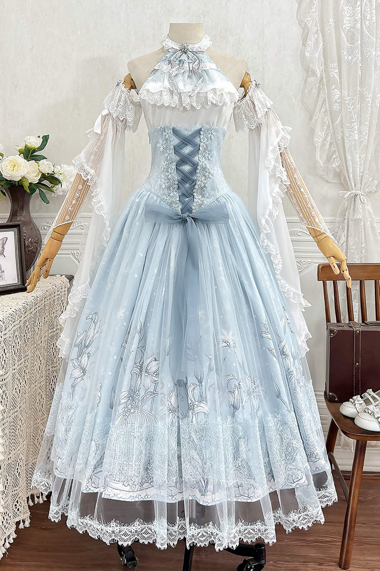 Blue [Snow Lily] Print Ruffle Hanayome Embroidery Bowknot Lace-Up Sweet Elegant Princess Lolita Skirt Set