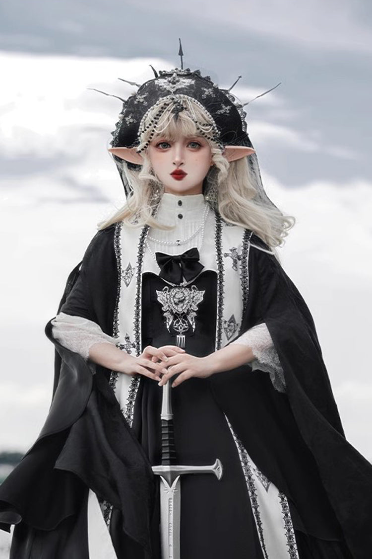 Black [Cross Nun] Stand Collar Off Shoulder Print Bowknot Gothic Elegant Lolita Dress