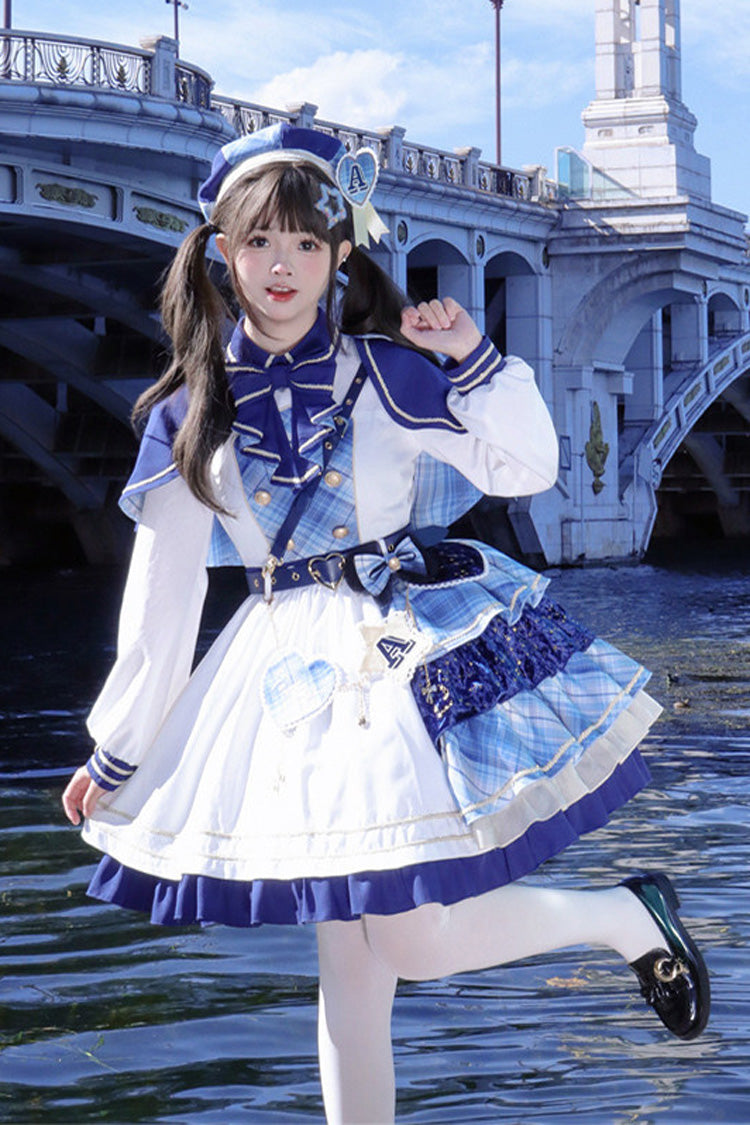 ホワイト/ブルー【スターライトアカデミースタイル】長袖プリントフリル継ぎアシンメトリーフェイクツーピース甘ロリータドレス