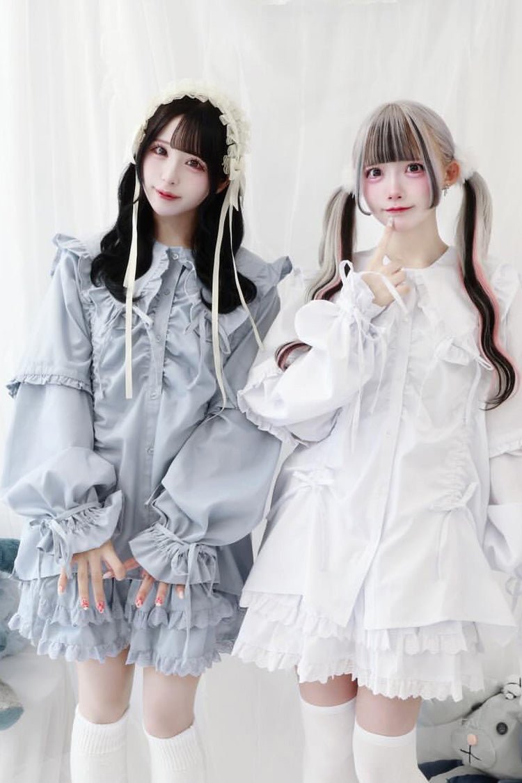 Doll Collar Long Sleeves Ruffle Bowknot Sweet Jirai Kei Japanese Blouse 3 Colors