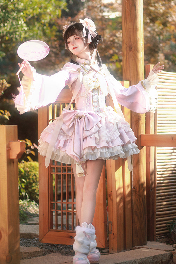 Rosa-weißes Pear Dream Mehrlagiges Rüschen-Spitzenkleid im chinesischen Prinzessinnen-Stil mit Lolita-JSK-Kleid