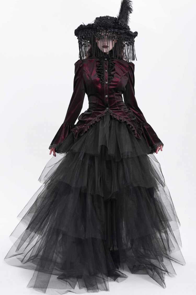 Red Stand Collar Long Trumpet Sleeves Ruffle Swallow-tailed Women's Gothic Blouse