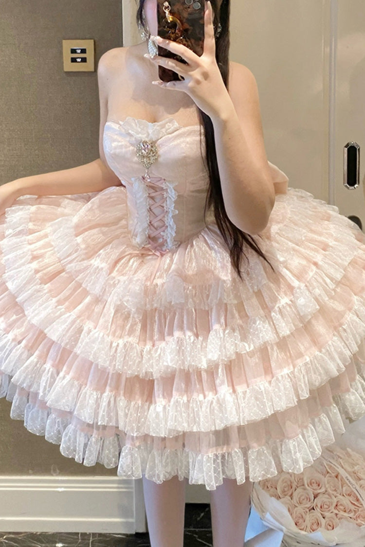 Pink [Heartbeat at First Sight] Off Shoulder Sleeveless Multi-Layered Ruffle Bowknot Lace Lace-Up Sweet Princess Gorgeous Lolita Dress