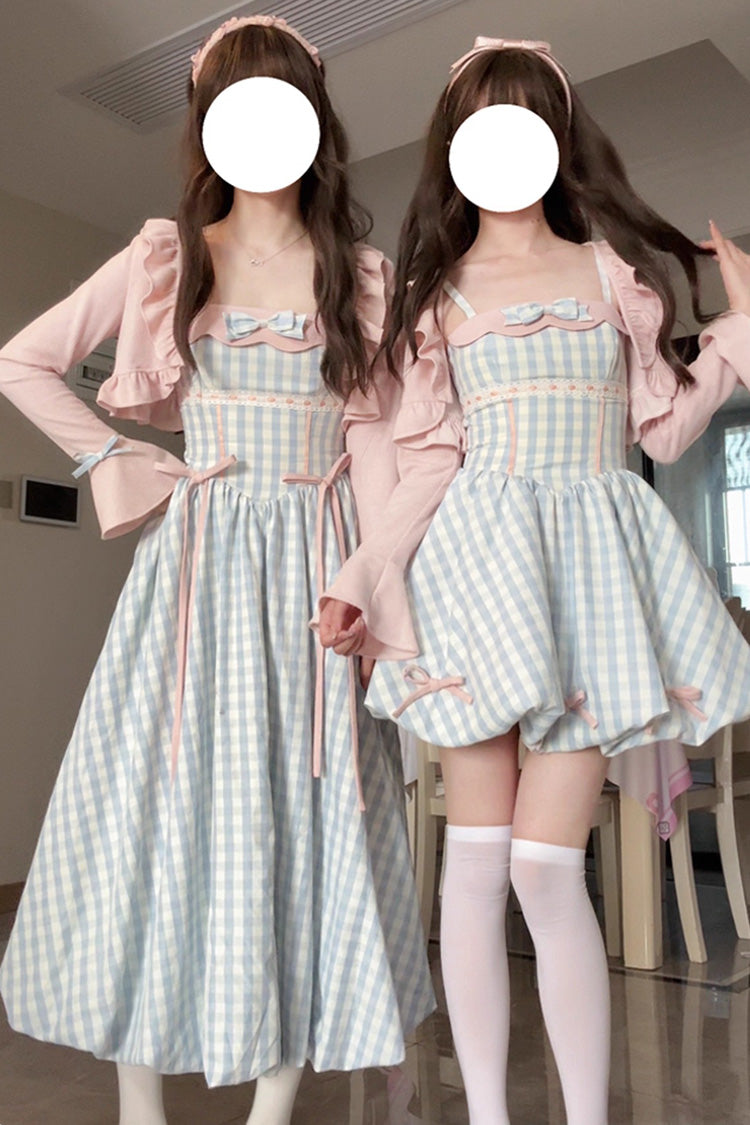 Blue [Sea Salt Strawberries] Sleeveless Plaid Print Bowknot Sweet Lolita Jsk Short Dress
