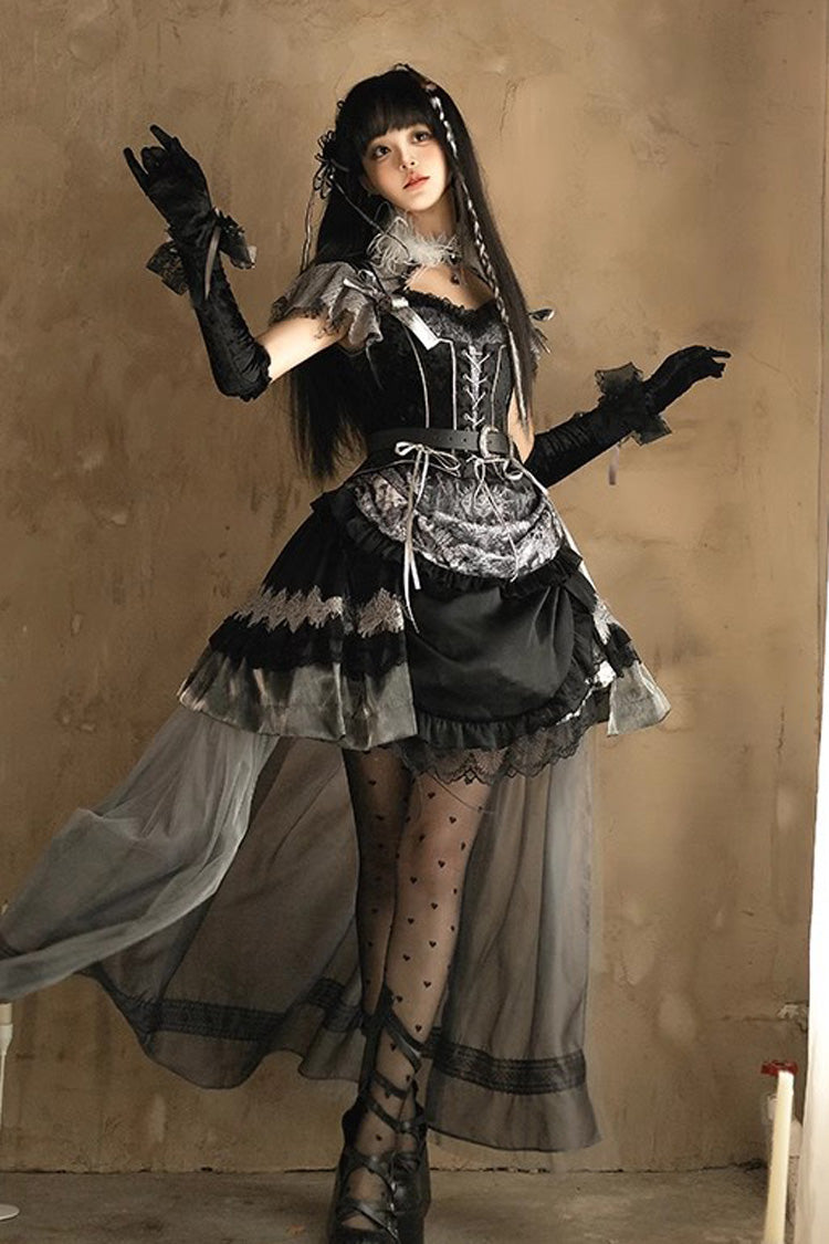 Schwarzes [Dunkle Nacht Rose] Kurzarm Print Rüschen Schleifchen Spitze Asymmetrisches Gothic Lolita Kleid 