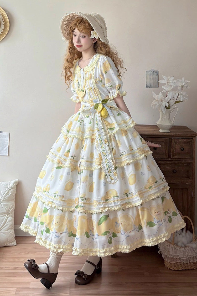 White [Lemon Chicken] Short Sleeves Triple-Layered Print Ruffle Bowknot Lace Sweet Gorgeous Lolita Dress