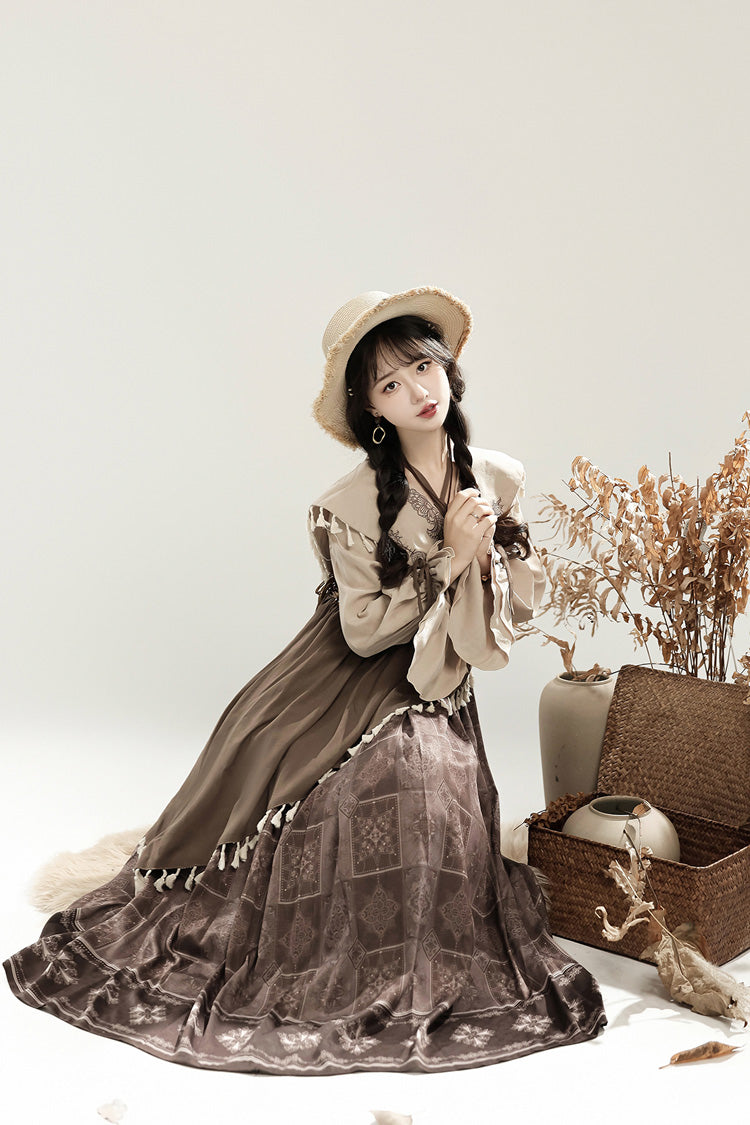 Brown [Mysterious Tribe] Long Lantern Sleeves Print Ruffle Asymmetric Sweet Chinese Style Lolita Dress