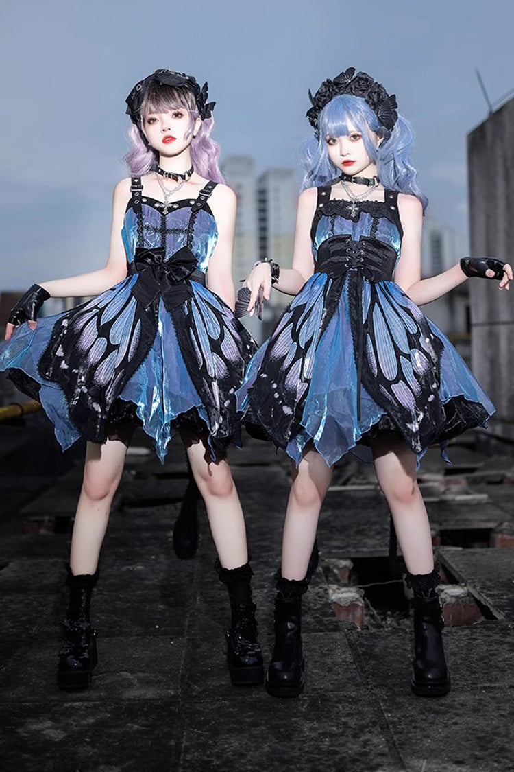 Black/Blue Butterfly Effect Sleeveless Print Bowknot Version Gothic Punk Lolita Dress