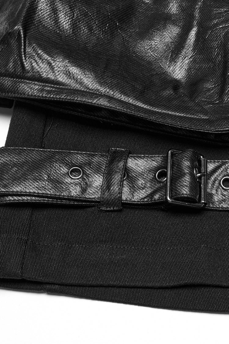 Black Big-pocket Faux Leather Stitching Men's Punk Shorts