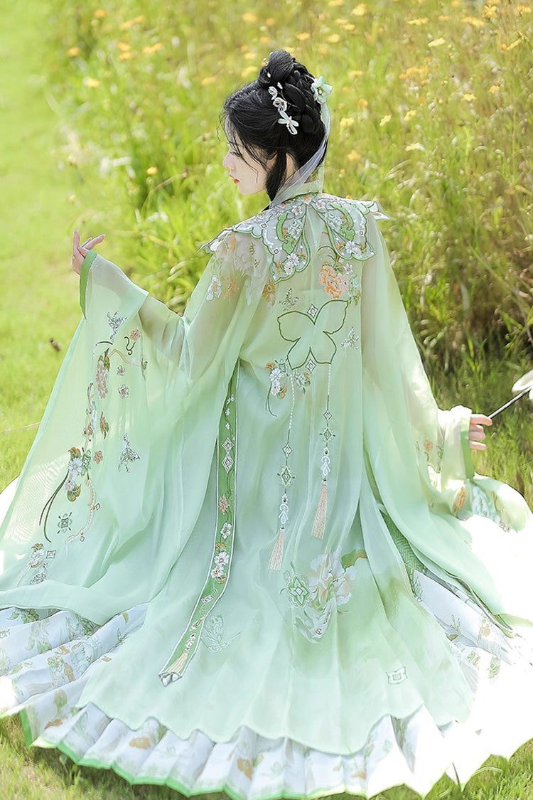 Green [Emerald Fantasy] Ming Dynasty Round Collar Long Sleeves Print Embroidery Sweet Hanfu Dress Set