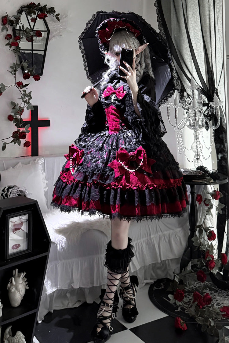 Black/Red [Rose Princess] Sleeveless Ruffle Bowknot Lace Lace-Up Gothic Ballet Lolita Jsk Dress