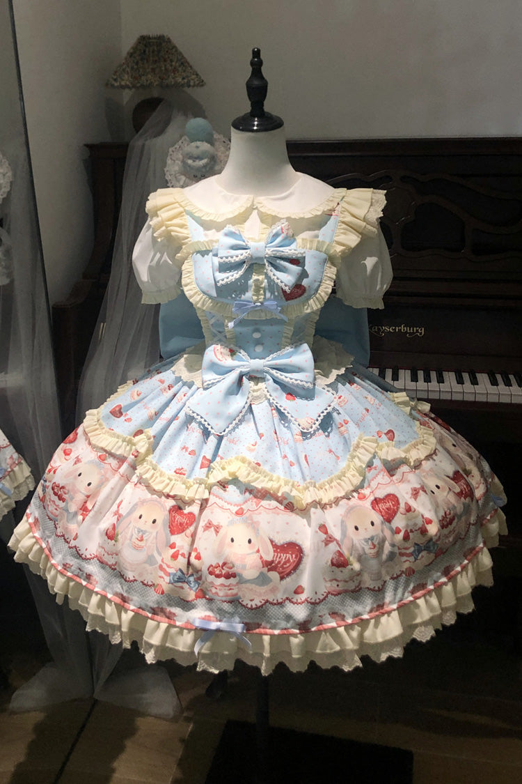 Robe bleue [Cute Rabbit Party] sans manches, double couche, imprimé, nœud à volants, douce Lolita Jsk