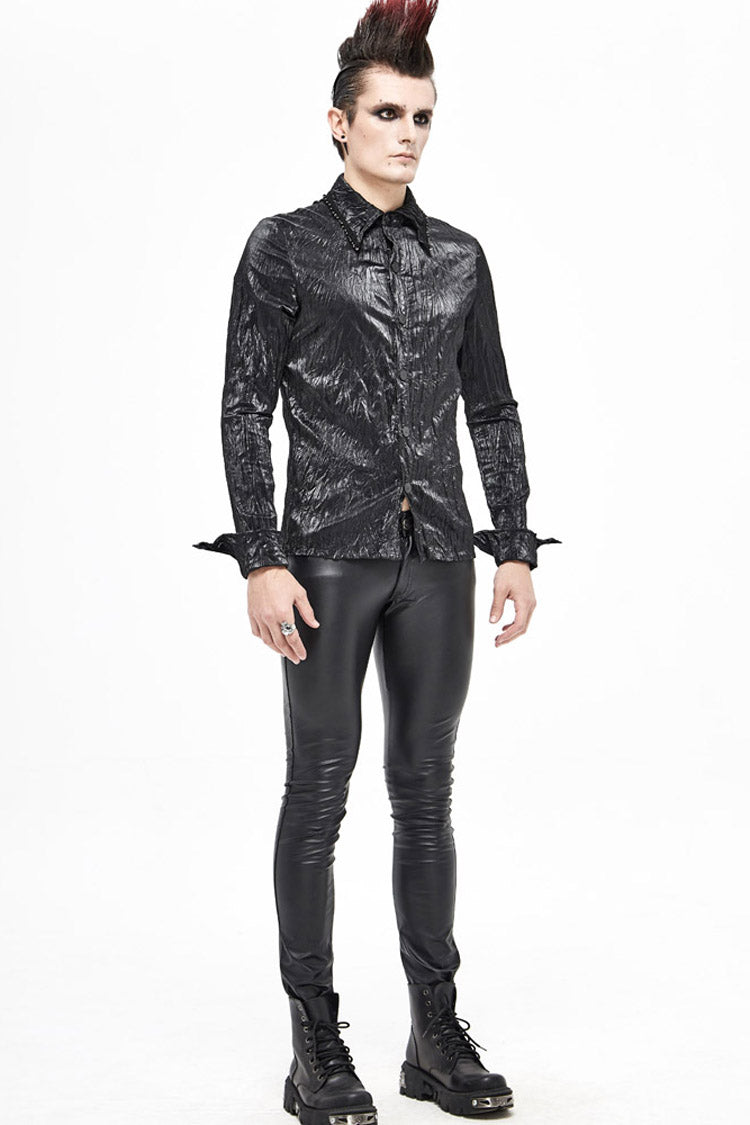 Black Twill Fold Collar Sharp Corner Cuff Light Metal Ring Webbing Men's Punk Shirt