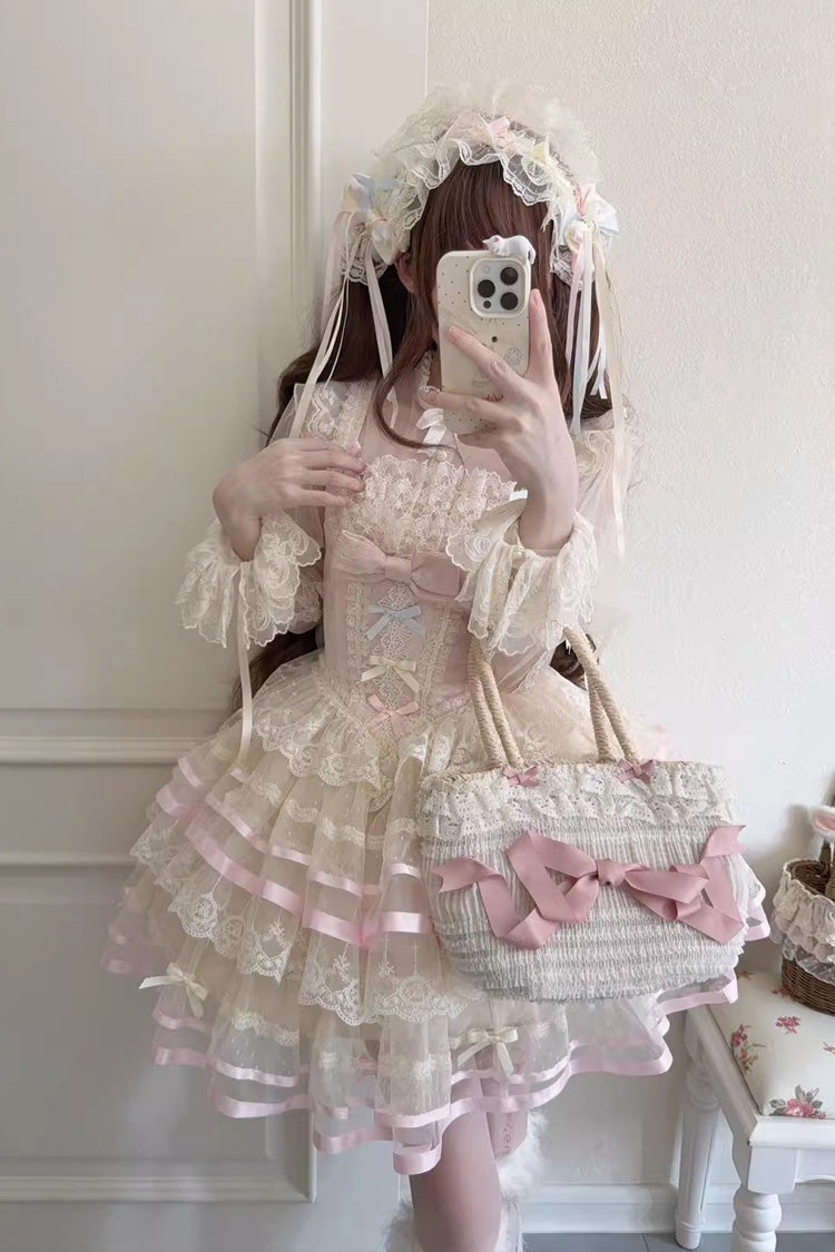 Pink [Butterfly Heart Ballet] Triple-Layered Ruffle Bowknot Lace Sweet Ballet Lolita Jsk Dress