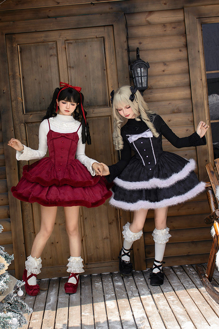 [Winter's Wish] Double-Layered Jacquard Bowknot Furry Sweet Lolita Jsk Dress 2 Colors