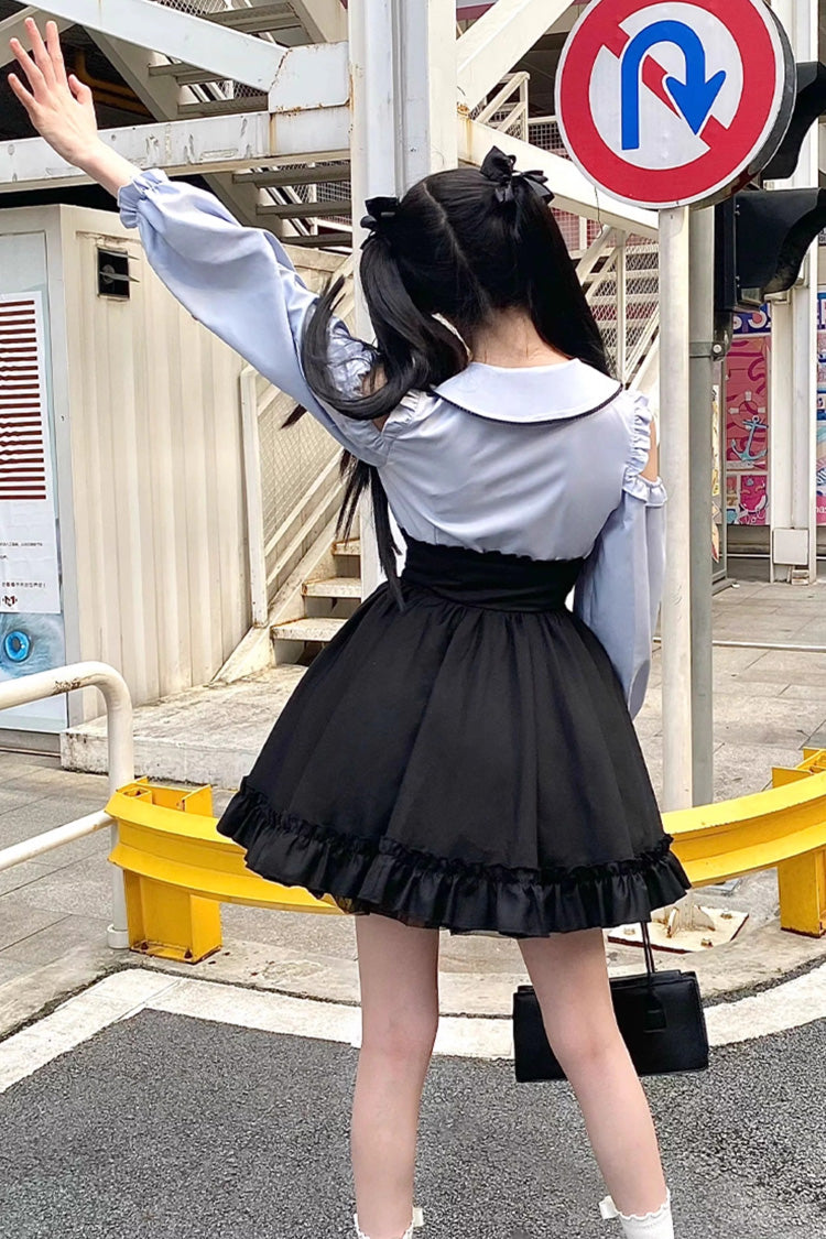 Black/Blue Long Sleeves Ruffle Off Shoulder Sweet Lolita Skirt Set