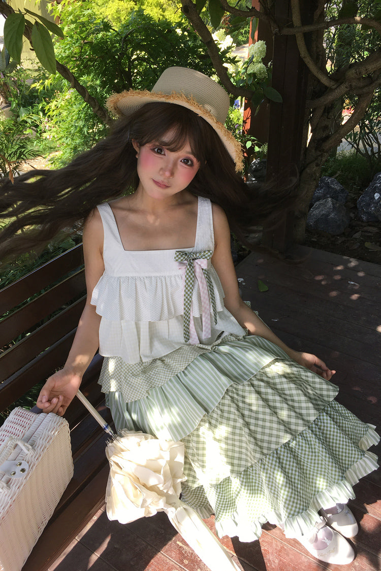 グリーン [Go To The Forest] マルチレイヤープリント フリル ホリデー スイート ロリータ ジャンパースカート ドレス 
