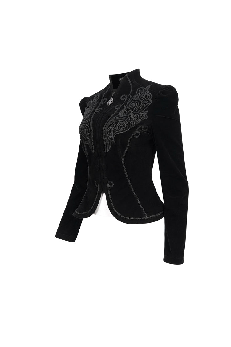 Black Stand Collar Velvet Appliqu On Chest Pendant Zipper Autumn And Winter Short Long Sleeve Women's Gothic Jacket