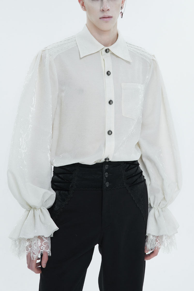 White Lapel Collar Puff Sleeved Lace Hem Men's Gothic Shirt