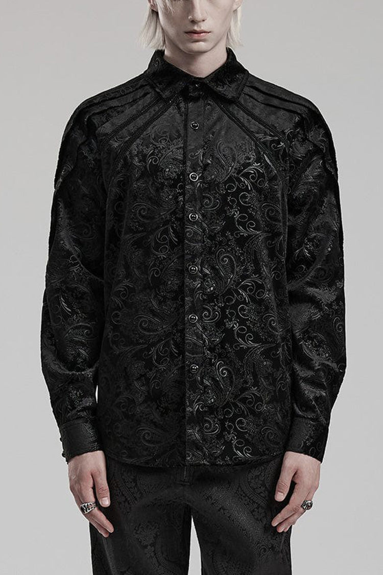 Black Long Sleeves Dark Pattern Print Webbing Decoration Mens Gothic Blouse