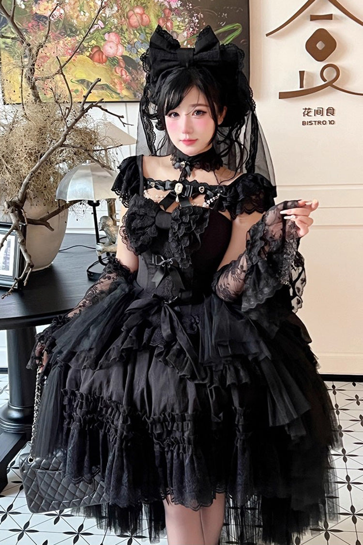 Black [Jewelry Love Story] Halterneck Ruffle Hanayome Bowknot Lace Gothic Lolita Dress