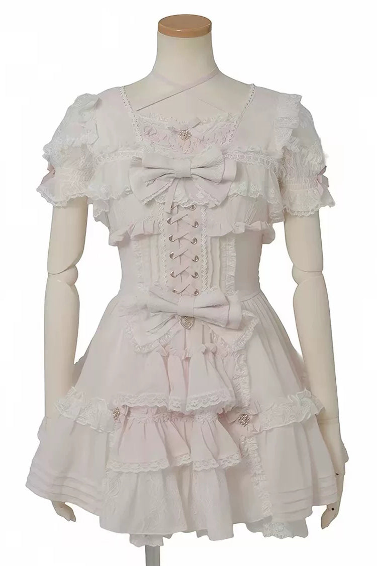 Süßes, kurzes Ärmel, Rüschen, Schleife, Spitze, Jirai Kei, japanisches Plus-Size-Lolita-Kleid, 3 Farben