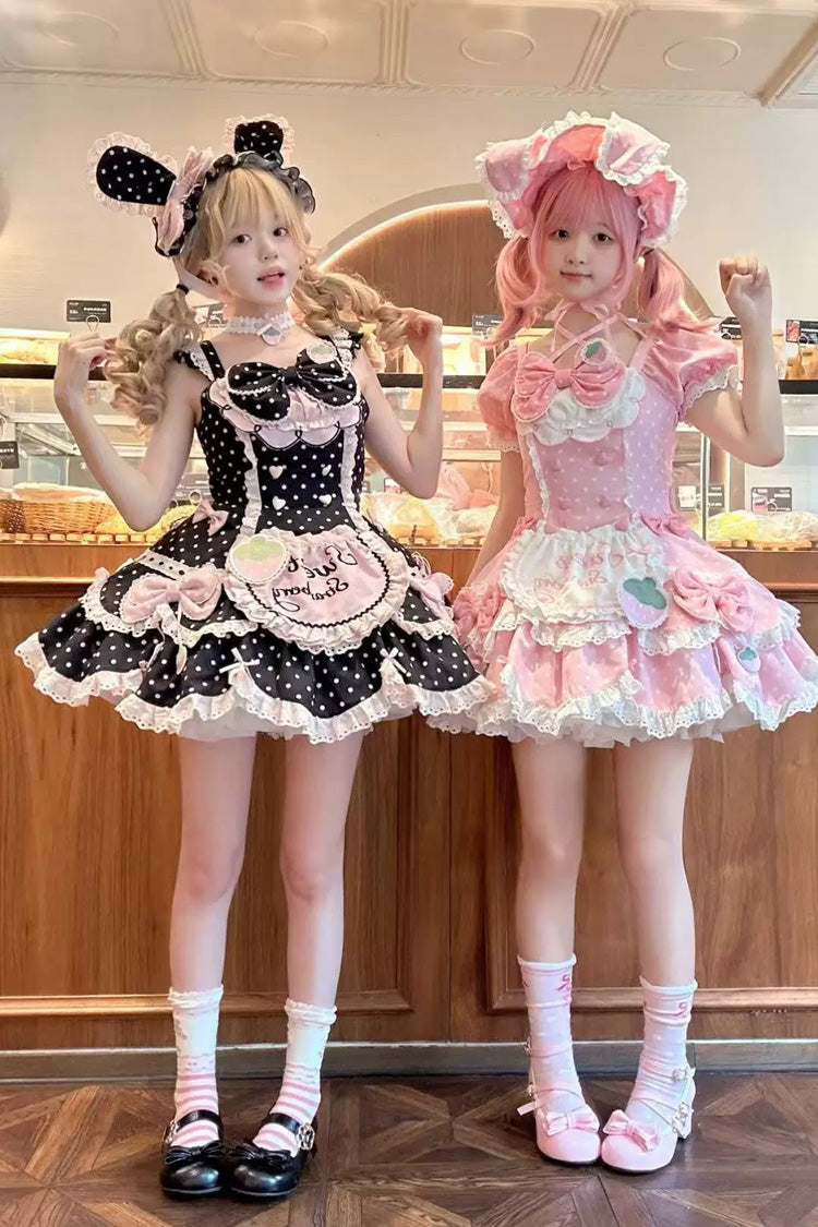 [Strawberry Polka Dots] Square Collar Flutter Sleeves Triple-Layered Printed Ruffled Bow Sweet Balletcore Lolita Jsk Dress 4 Colors