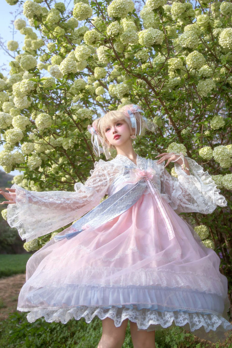 [Peach Blossoms in Spring Fields] Sleeveless Ruffle Bowknot Lace Sweet Chinese Style Lolita Jsk Dress 3 Colors