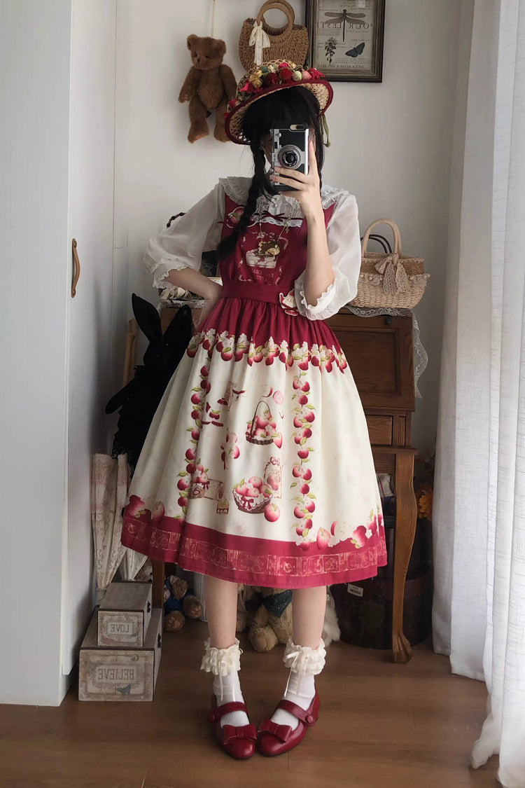 Rotes [Apple Basket] ärmelloses süßes Lolita JSK-Kleid mit bedruckter Schleife