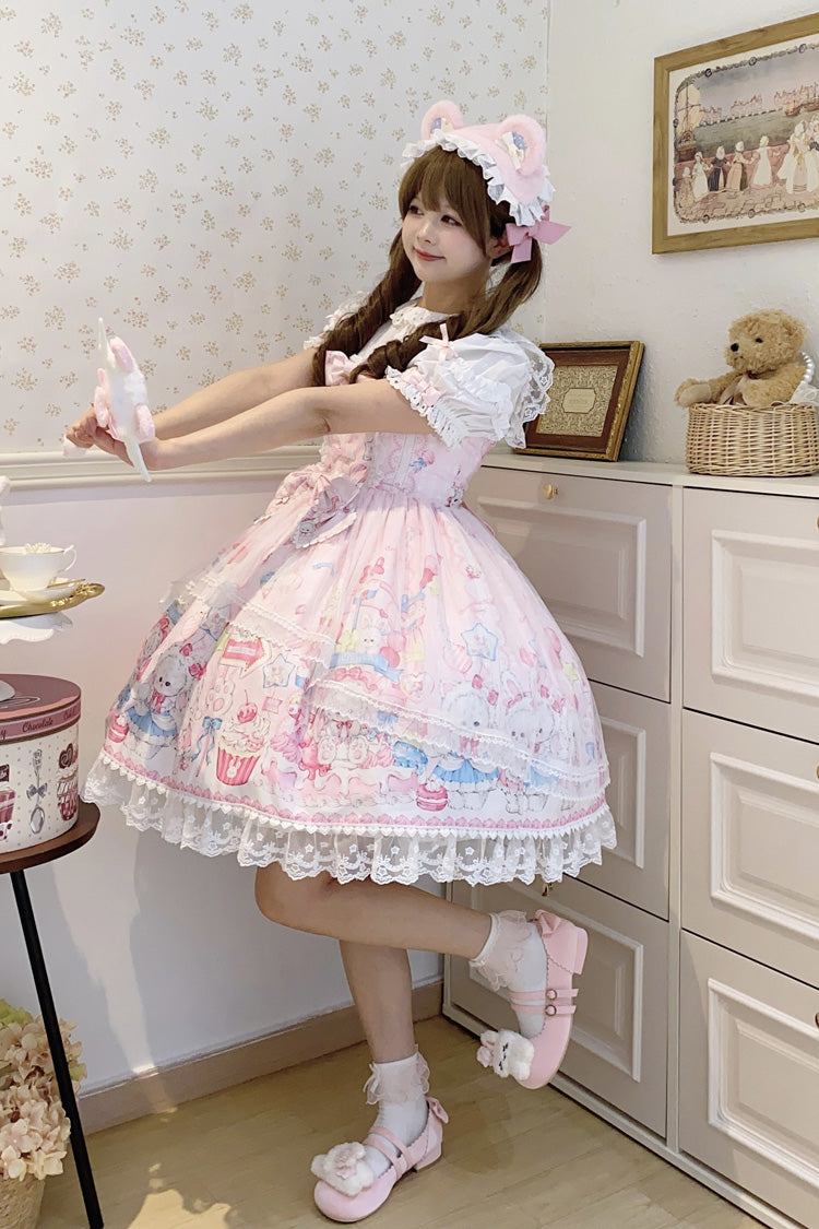 Pink [Cute Rabbit Sweet Cake] Print Ruffle Bowknot Lace Sweet Lolita Jsk Dress