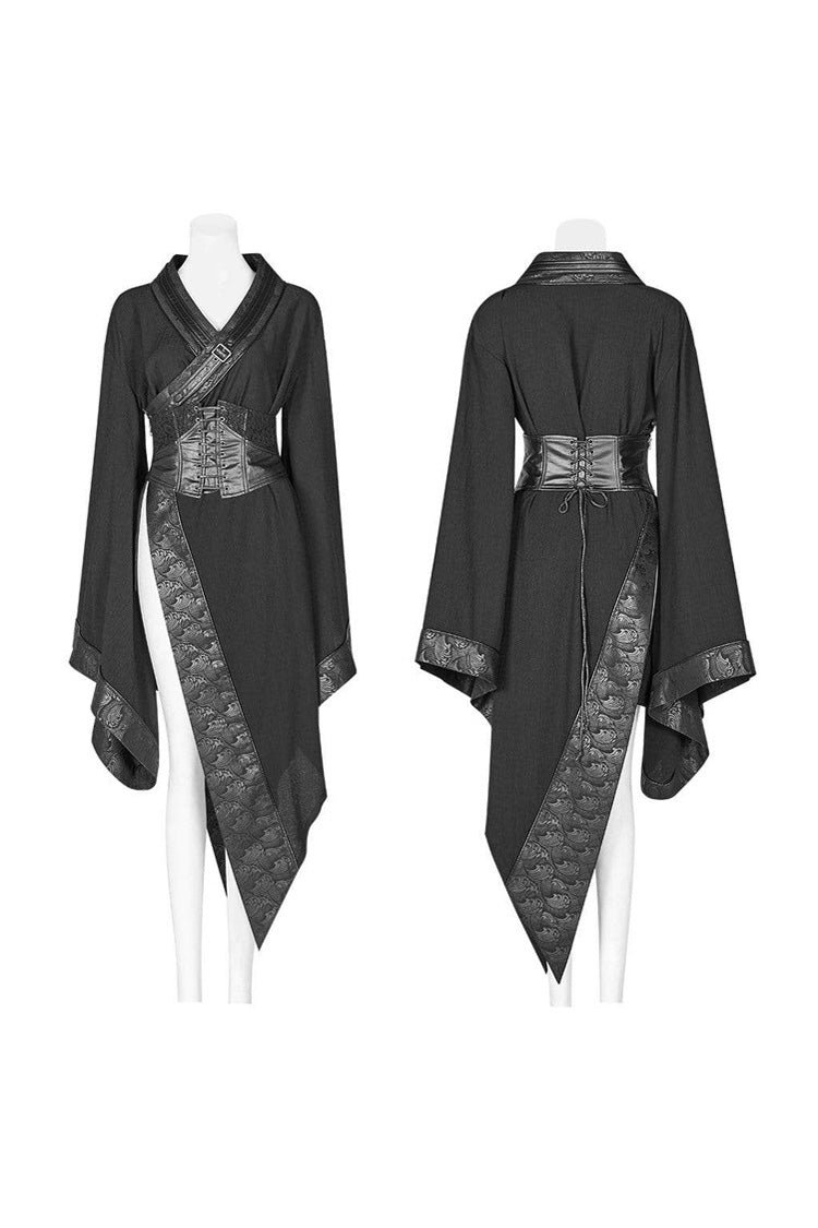 Black V Neck Metal Buckle Strap Waist Lace-Up Flare Sleeve Wave Printing Asymmetric Hem Kimono Women's Punk  Dress
