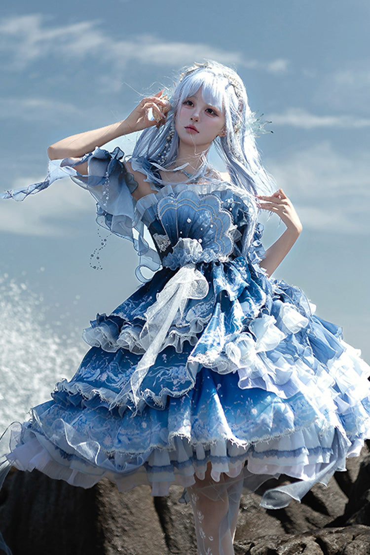 Blue [Jellyfish] Gradient Print Ruffle Embroidery Bowknot Lace Asymmetric Sweet Elegant Lolita Jsk Dress