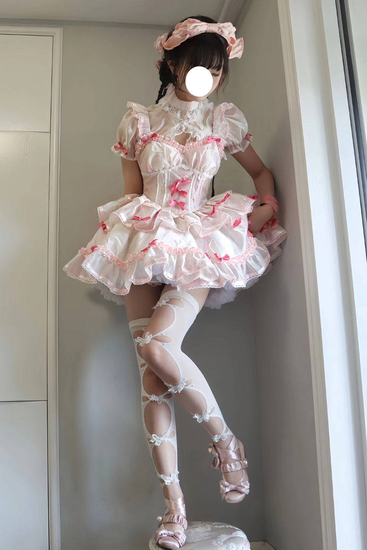 White/Pink Multi-layer Ruffle Ballet Bowknot Sweet Lolita Jsk Dress