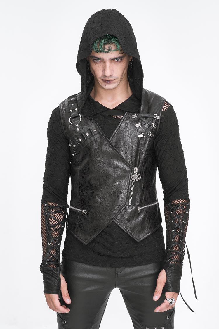 Black Zipper Faux Leather Men's Punk Waistcoat