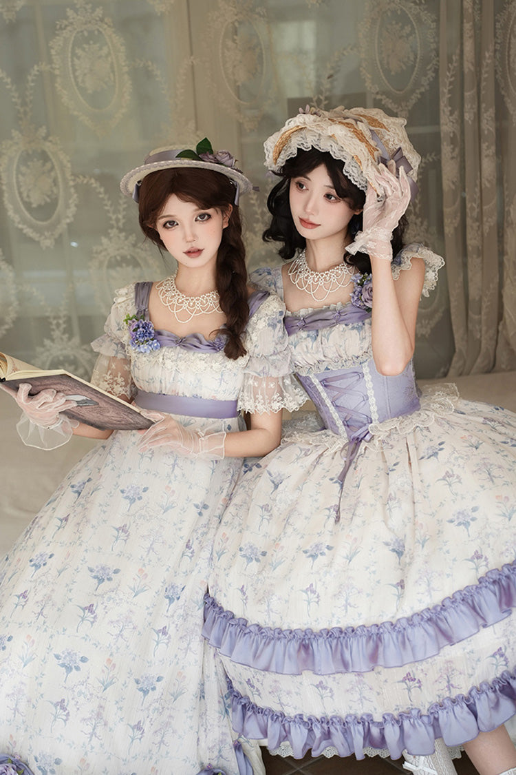 Purple/Ivory [Iris Secrets] Short Sleeves Double-Layered Print Ruffle Bowknot Lace-Up Sweet Lolita Dress