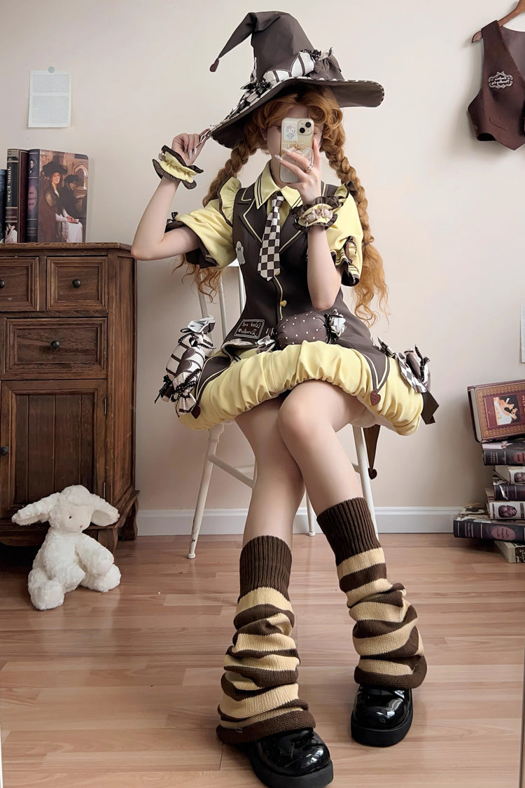 Brown/Yellow [Witch and Paradise] Short Sleeves Ruffle Bowknot Sweet Japanese Halloween Lolita Dress Vest Set
