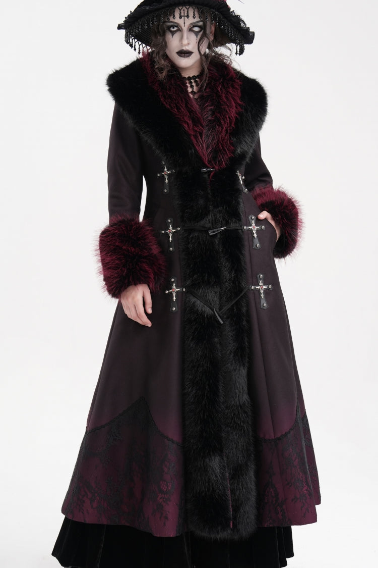 Black/Red Cross Long Sleeves Lace Women's Gothic Long Coat