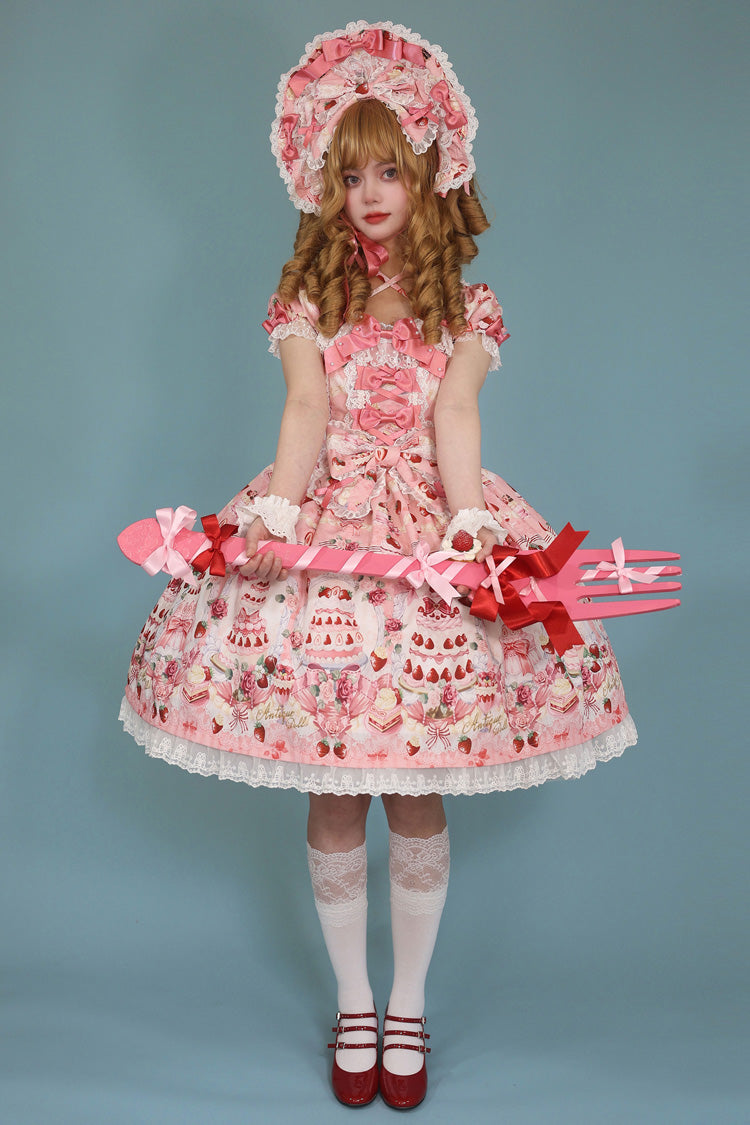 [Strawberry Cake Bouquet] Print Square Collar Short Sleeves Bowknot Lace Sweet Lolita Dress 3 Colors